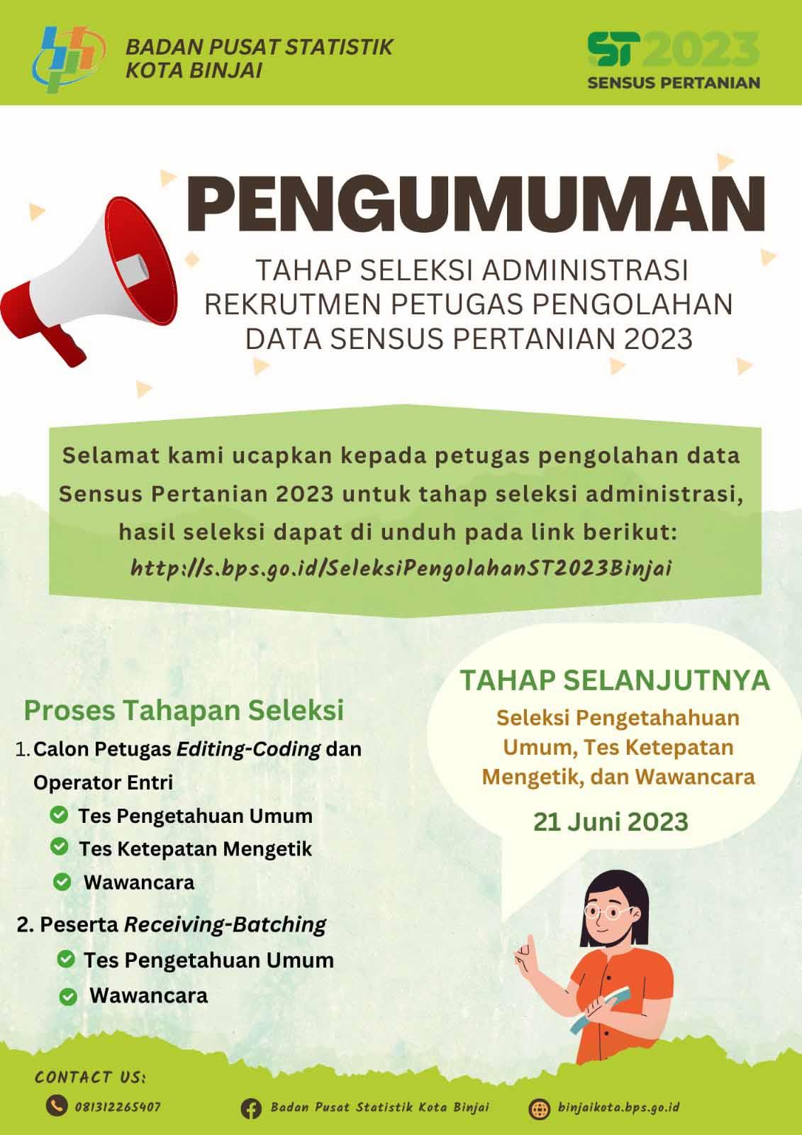 Pengumuman Hasil Seleksi Administrasi Petugas Pengolahan ST2023 BPS Kota Binjai