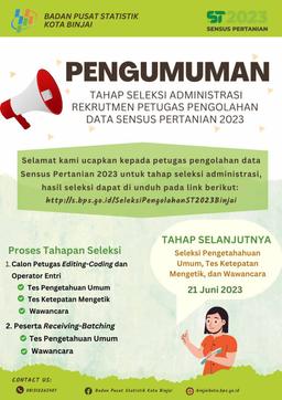 Pengumuman Hasil Seleksi Administrasi Petugas Pengolahan ST2023 BPS Kota Binjai